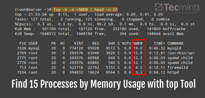 Find Top 15 Processes by Memory Usage with &#8216;top&#8217; in Batch Mode