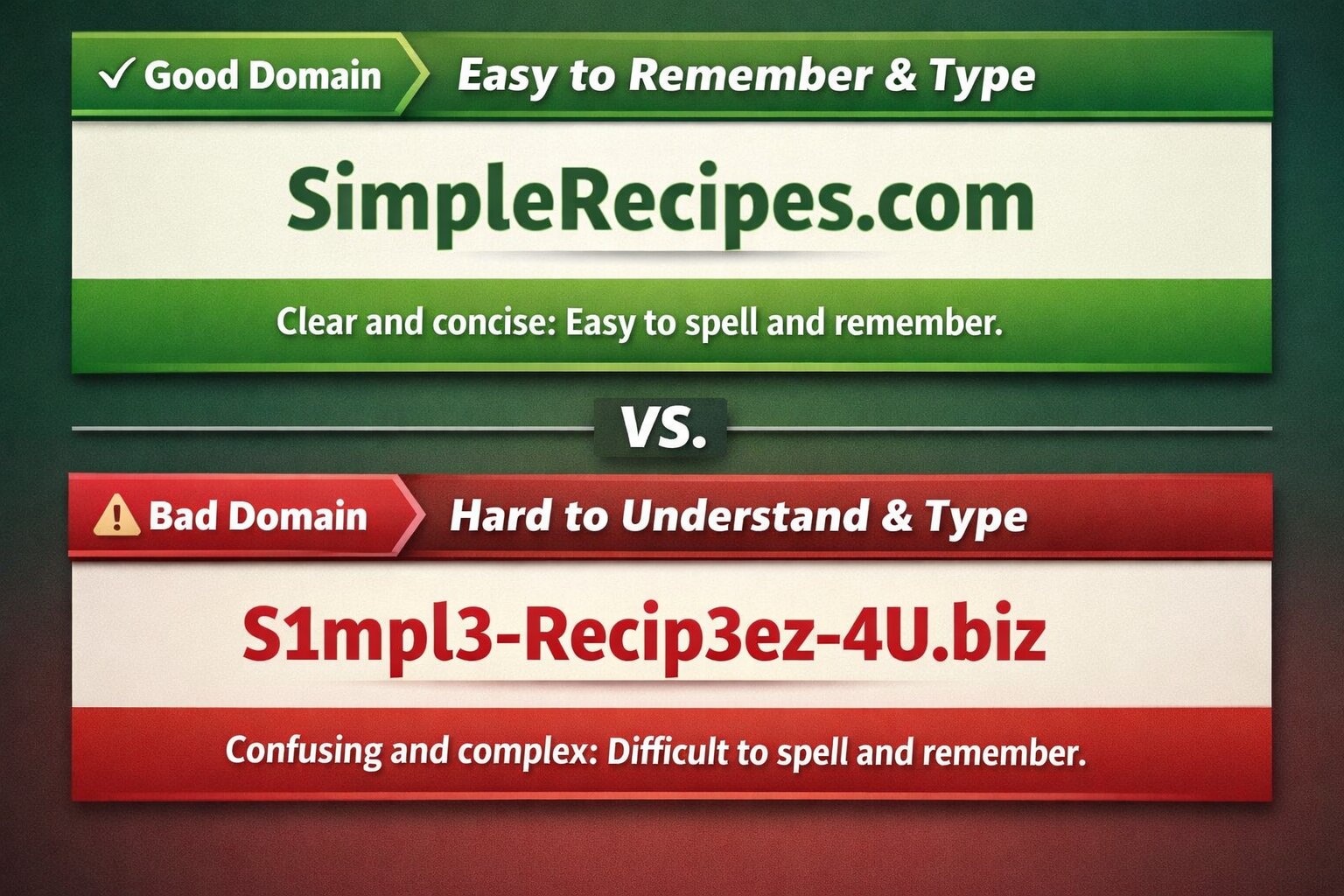 Comparison of a memorable domain name versus a hard-to-remember domain name.