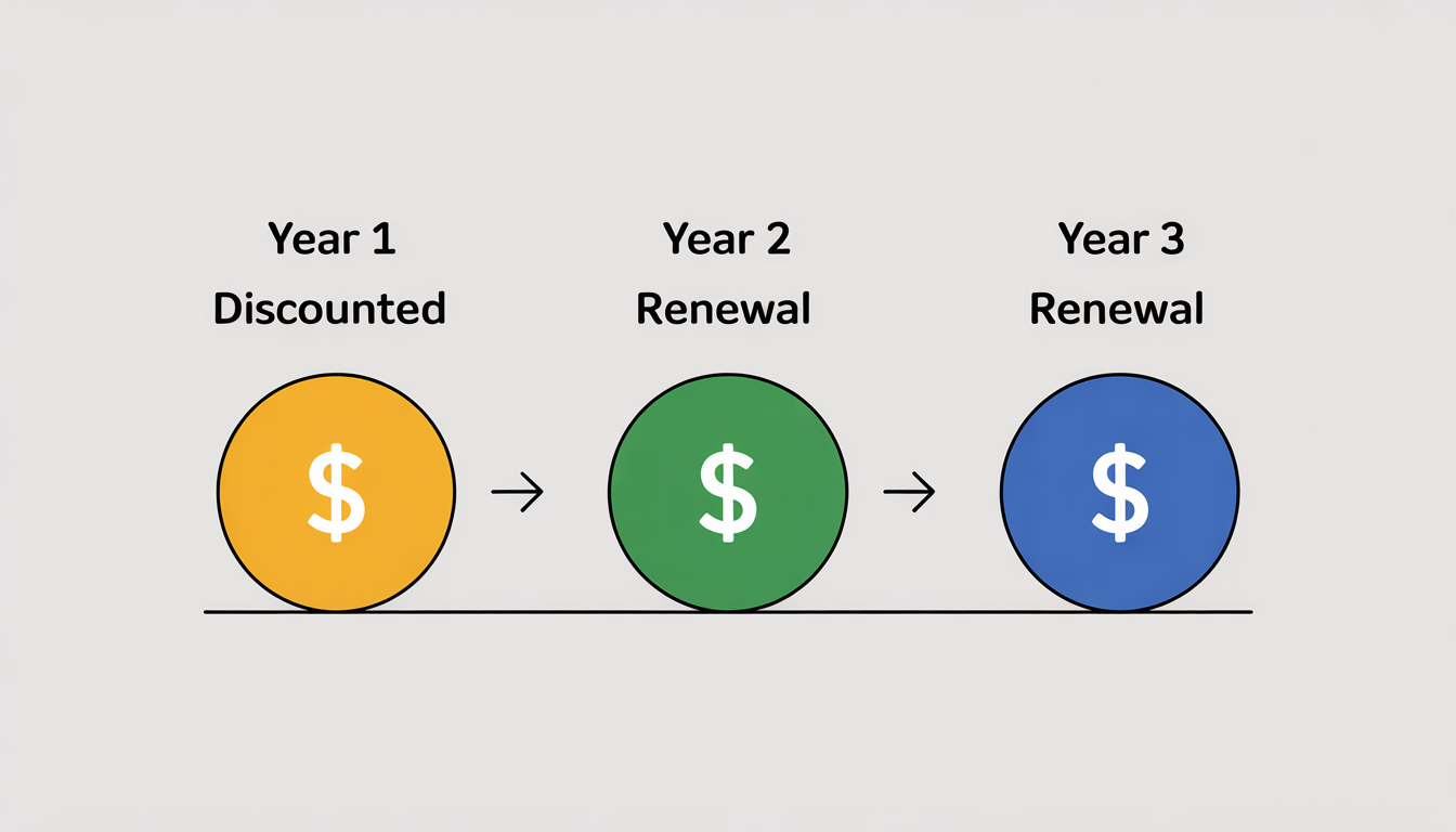 Cost timeline showing how a Domain Coupon discount affects total cost over multiple years.