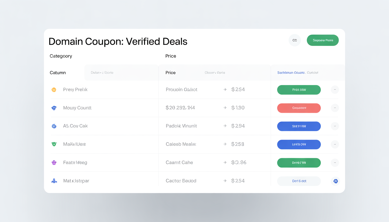 Screenshot-style graphic showing verified Domain Coupon categories, prices, and provider names.